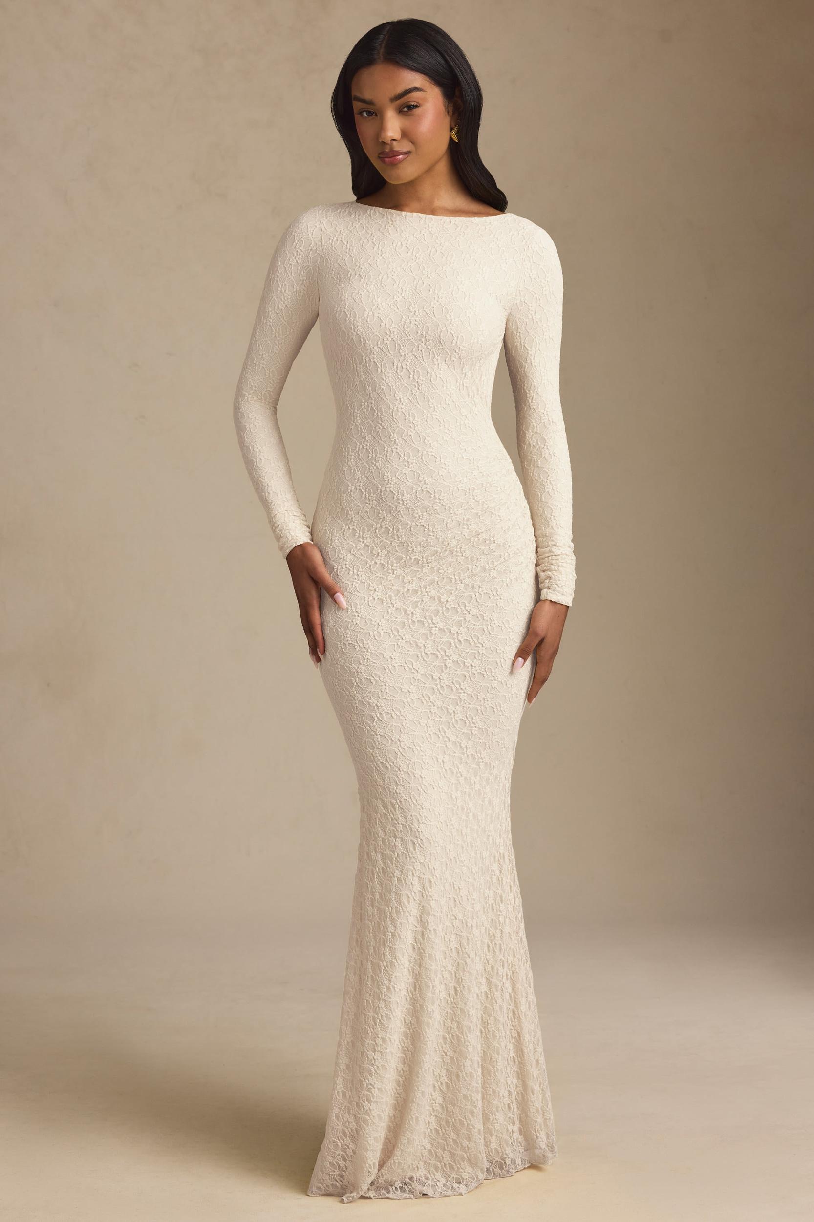 Ruched Backless Lace Maxi Dress in Ivory Product Image