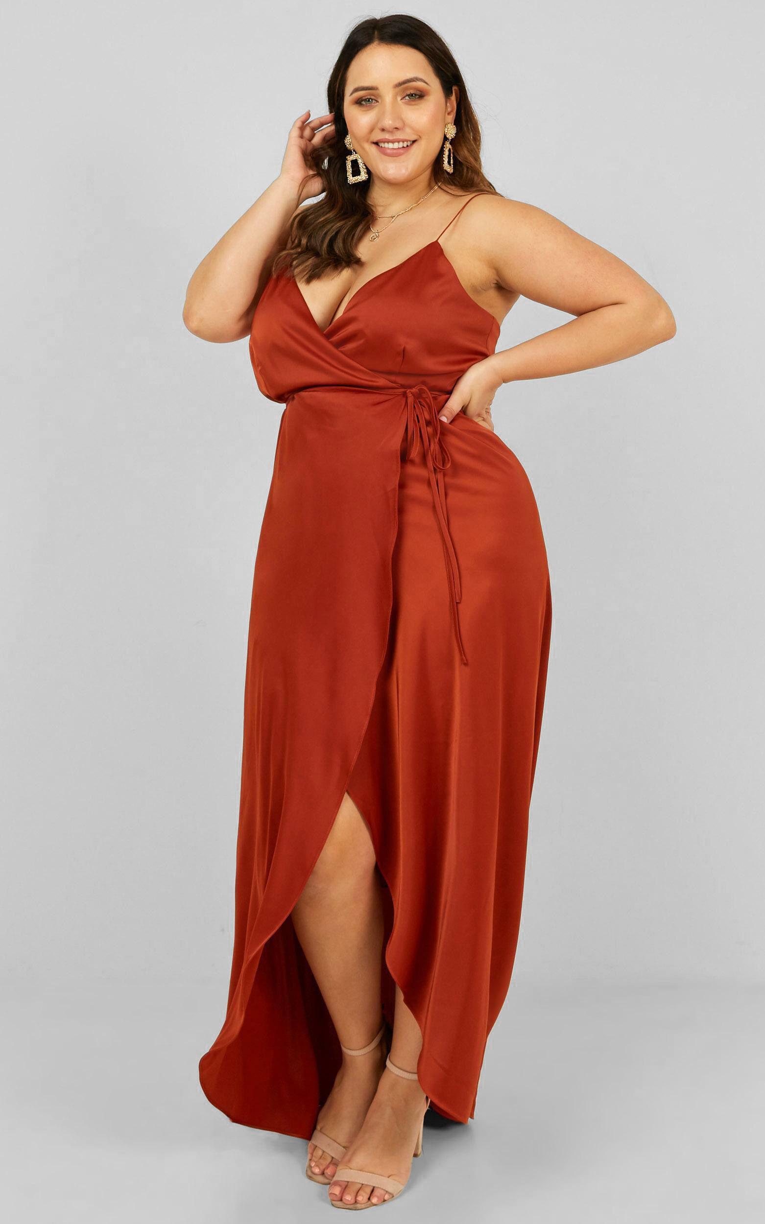 Mine Would Be You Midi Dress - Wrap Dress in Copper Satin Product Image
