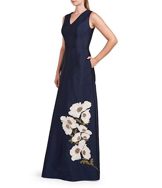 Kay Unger Beaded Floral Print Mikado V-Neck Sleeveless Pocketed A-Line Gown Product Image