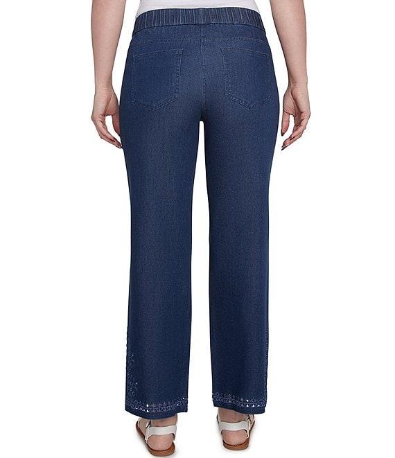 Ruby Rd. Petite Size Straight Leg Embroidered Eyelet Hem Pull-On Jeans Product Image