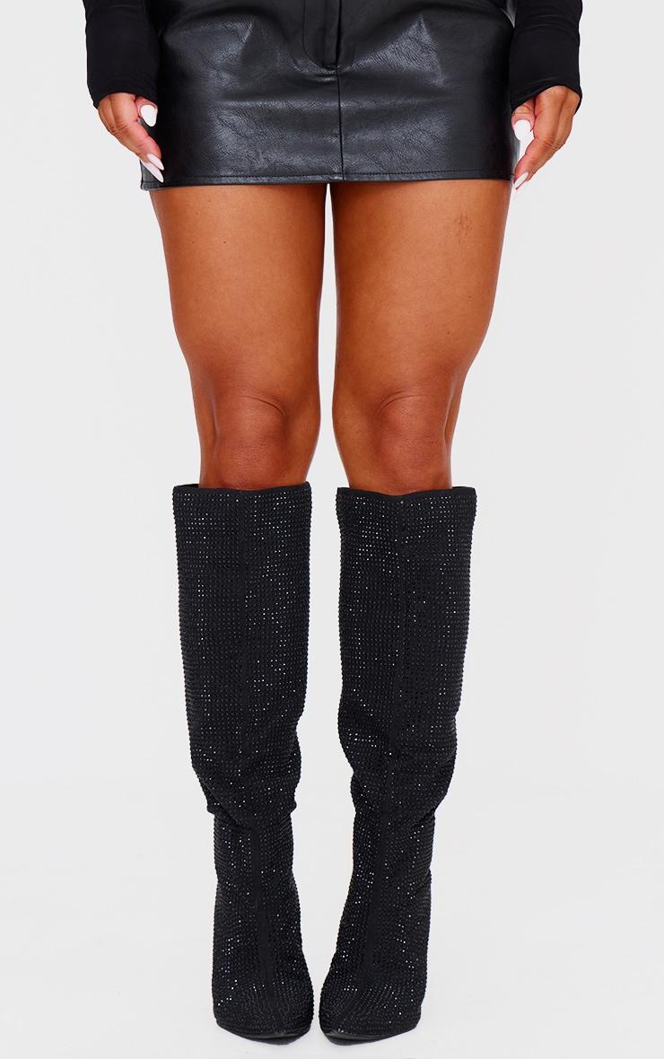 Black Diamante Point Toe High Stiletto Knee High Boots Product Image