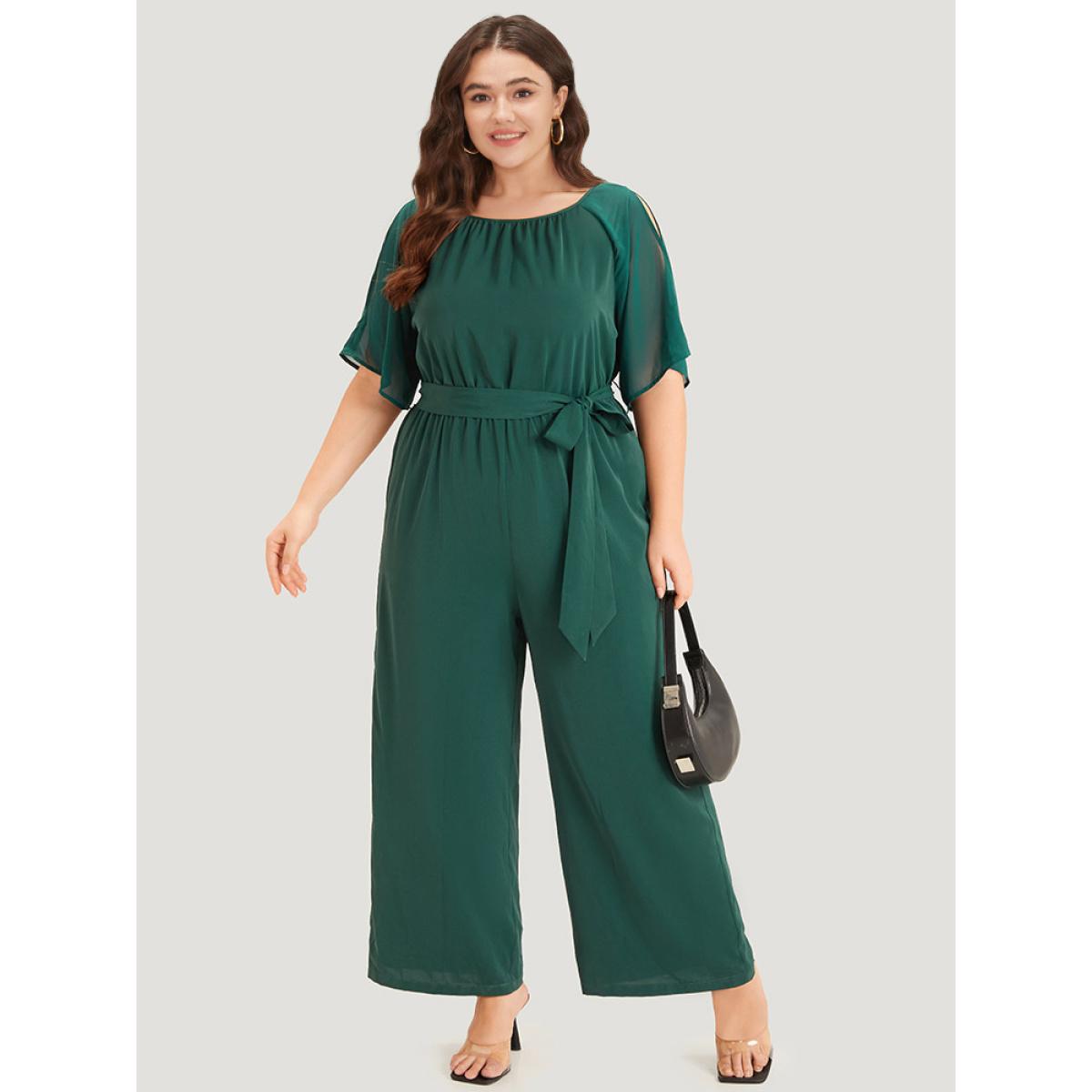 Plus Size DarkGreen Solid Belted Pocket Cut Out Zipper Jumpsuit Women Office Short sleeve Round Neck Office Loose Jumpsuits BloomChic 22-24/3X Product Image
