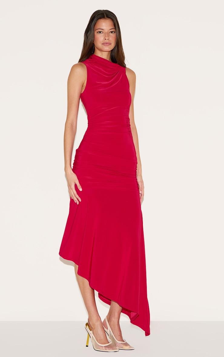 Red Double Layer Slinky Asymmetrical Ruched Midaxi Dress Product Image