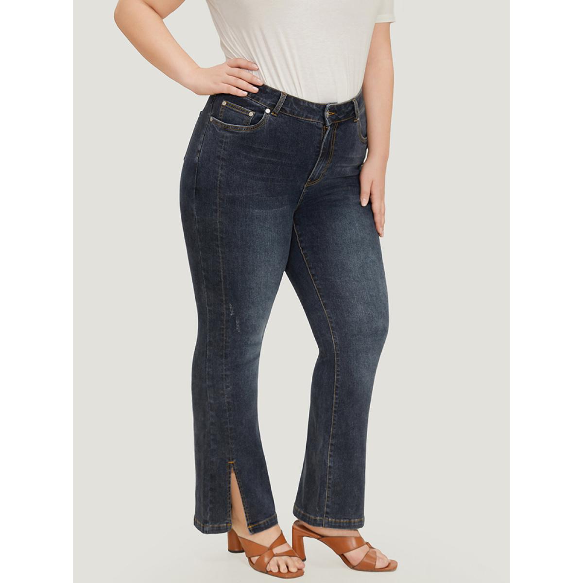 Plus Size Very Stretchy Split Hem Medium Wash Jeans Women Indigo Casual Plain Slit High stretch Pocket Jeans BloomChic 12/L Product Image