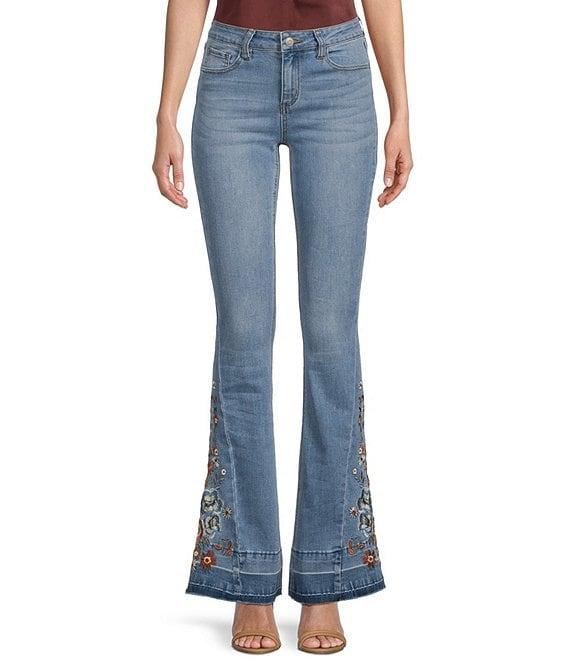 Prosperity Denim High Rise Floral Embroidered Released Hem Flare Leg Jeans Product Image