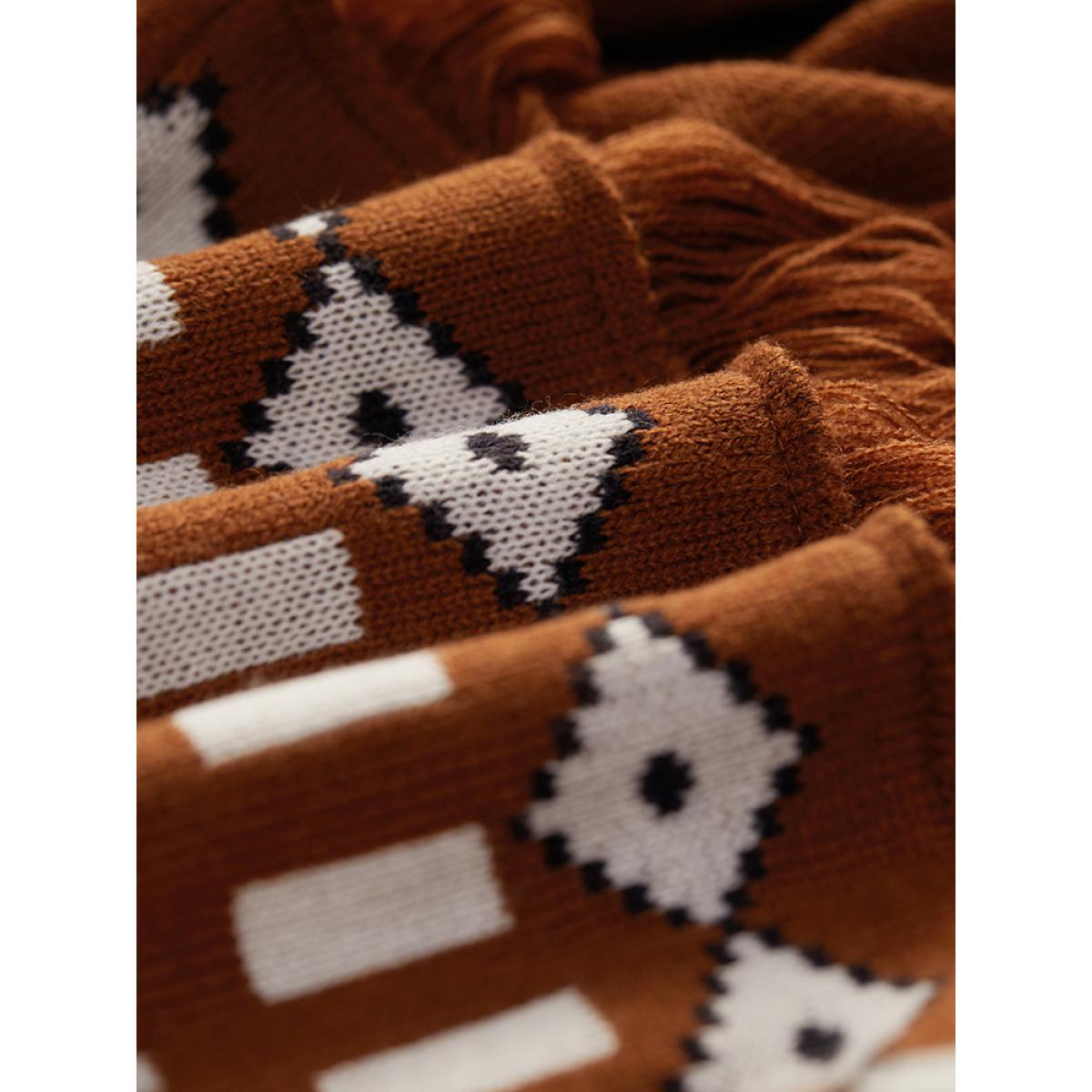 Plus Size Geometric Tassel Trim Open Front Cardigan Maroon Women Casual Loose Long Sleeve Dailywear Cardigans BloomChic 14-16/1X Product Image