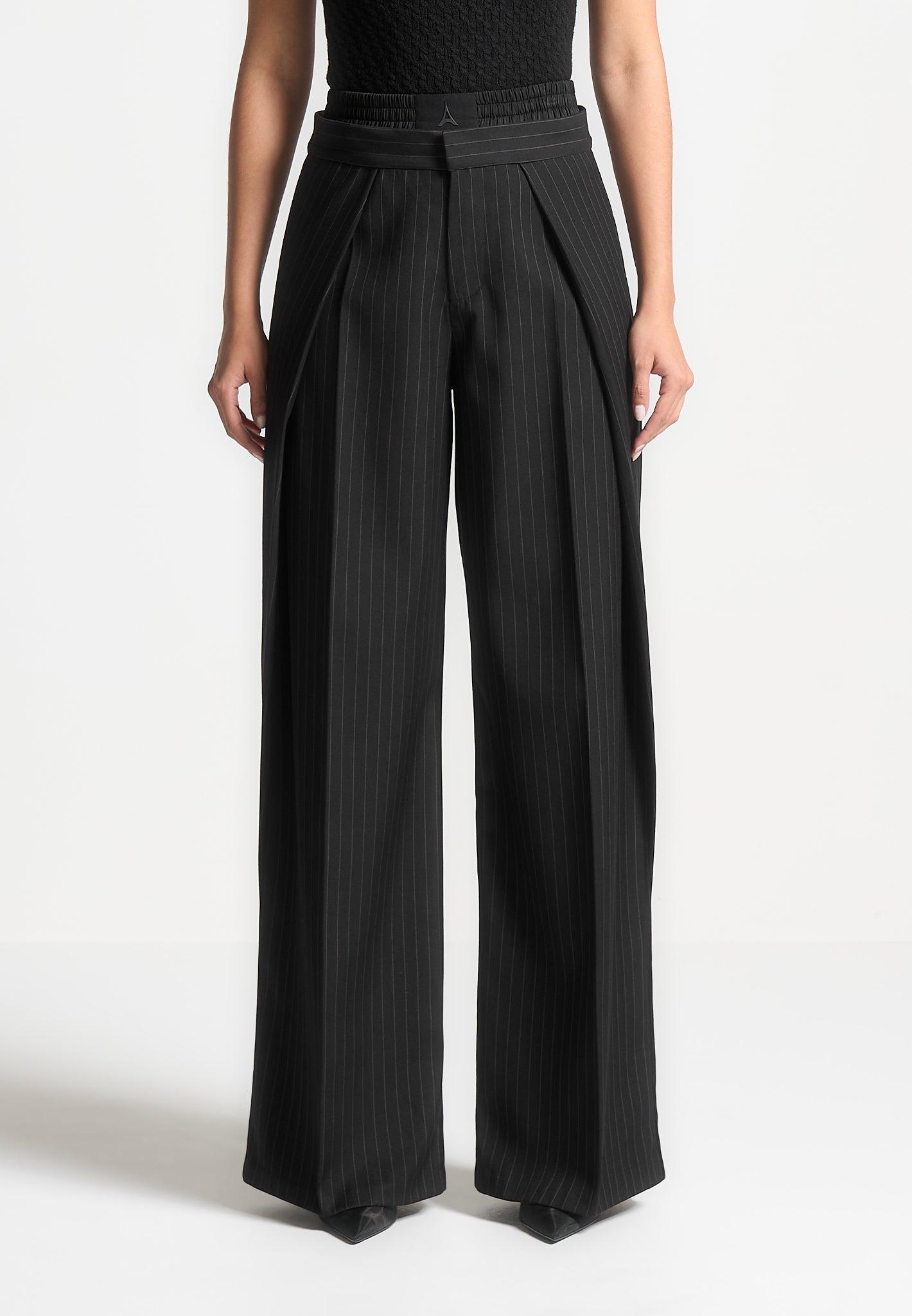 Sofia - Satin Waistband Pinstripe Trousers - Black Female Product Image