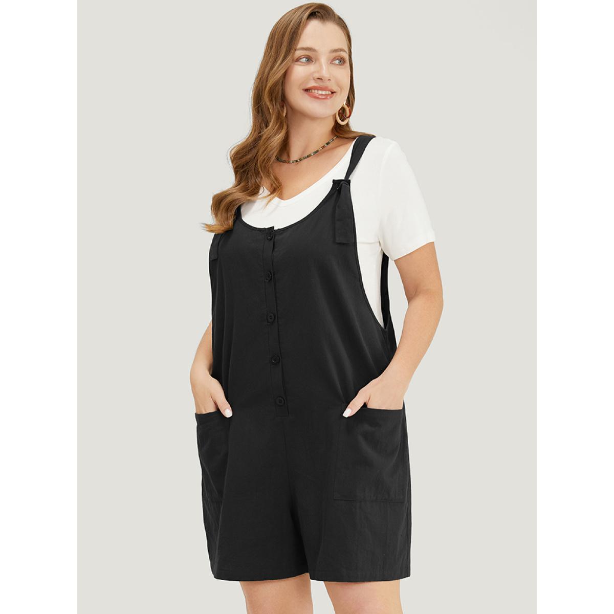 Plus Size Black Solid Pocket Button Detail Knot Shoulder Overall Romper Women Casual Sleeveless Tie Neck Dailywear Loose Jumpsuits BloomChic 22-24/3X Product Image
