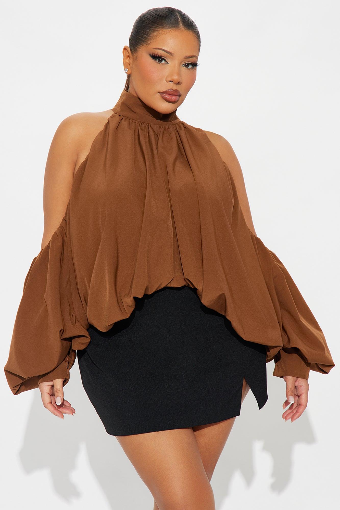 Inner Goddess Draped Lantern Top - Brown Female Product Image