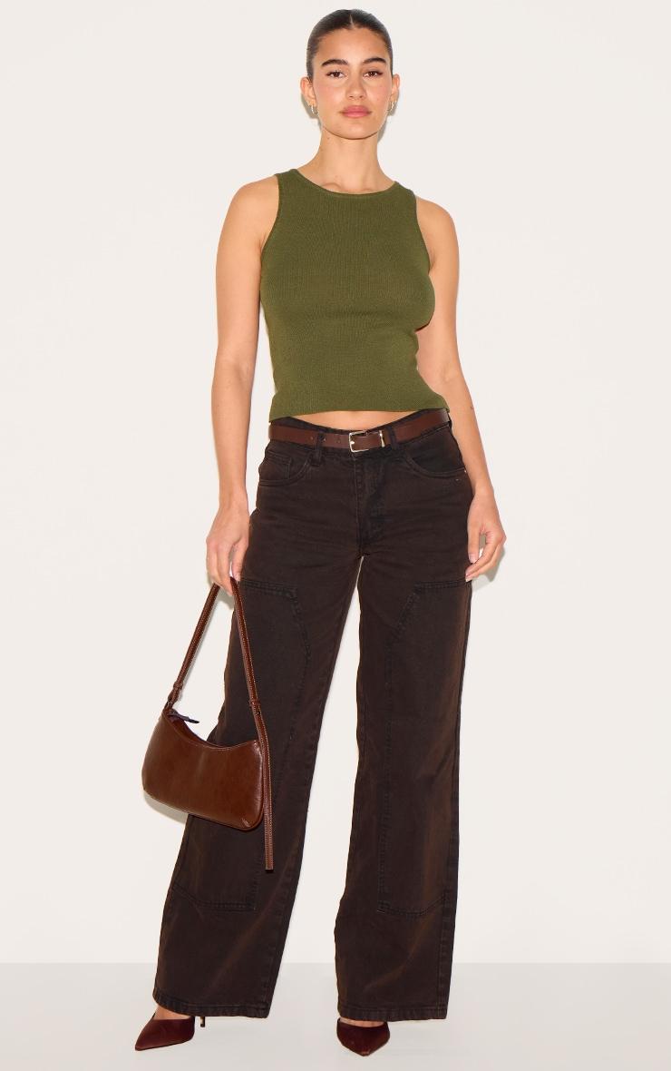 Khaki Fine Knit  Racer Neck Top Product Image