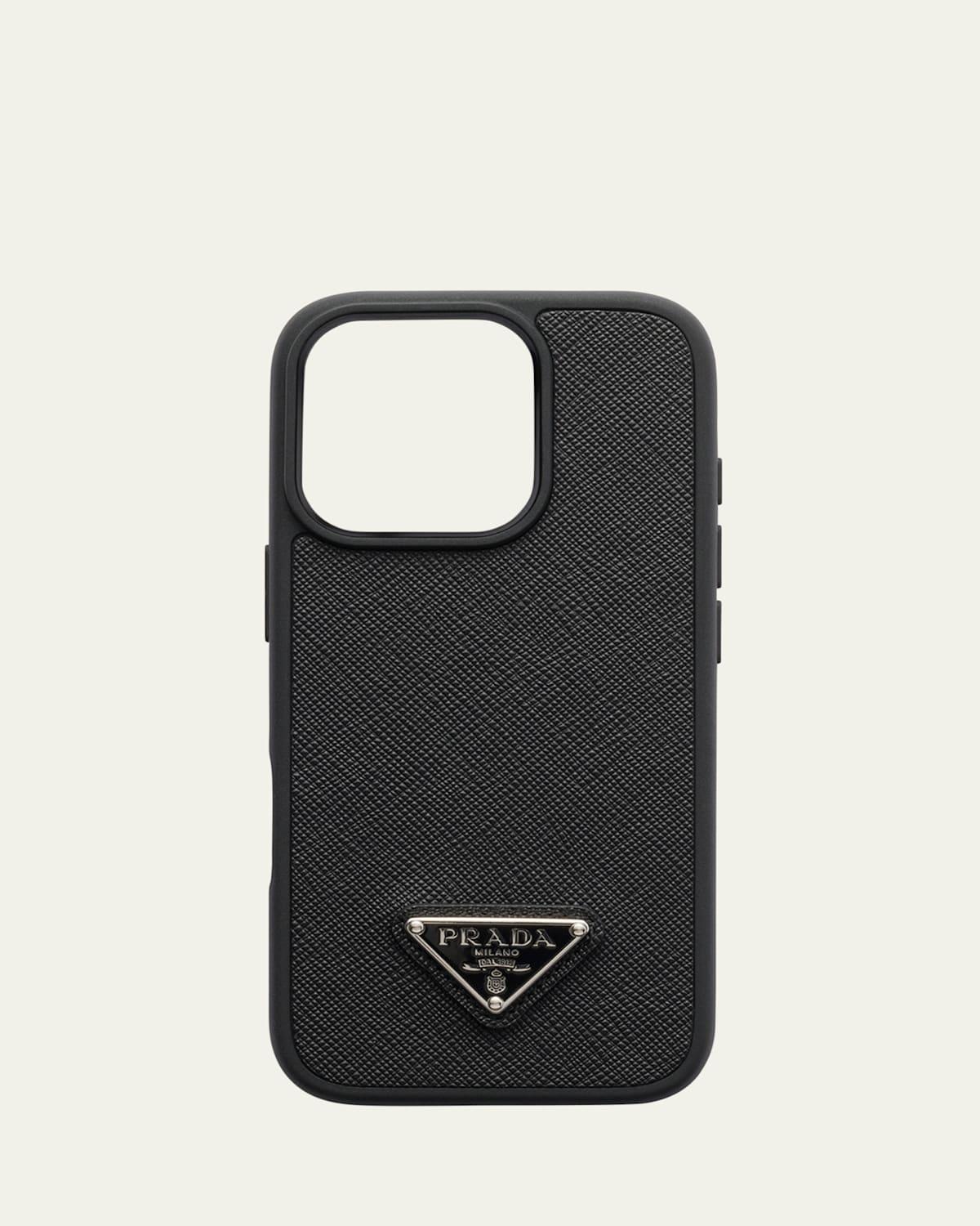 Mens iPhone 16 Pro Leather Triangle Logo Case Product Image