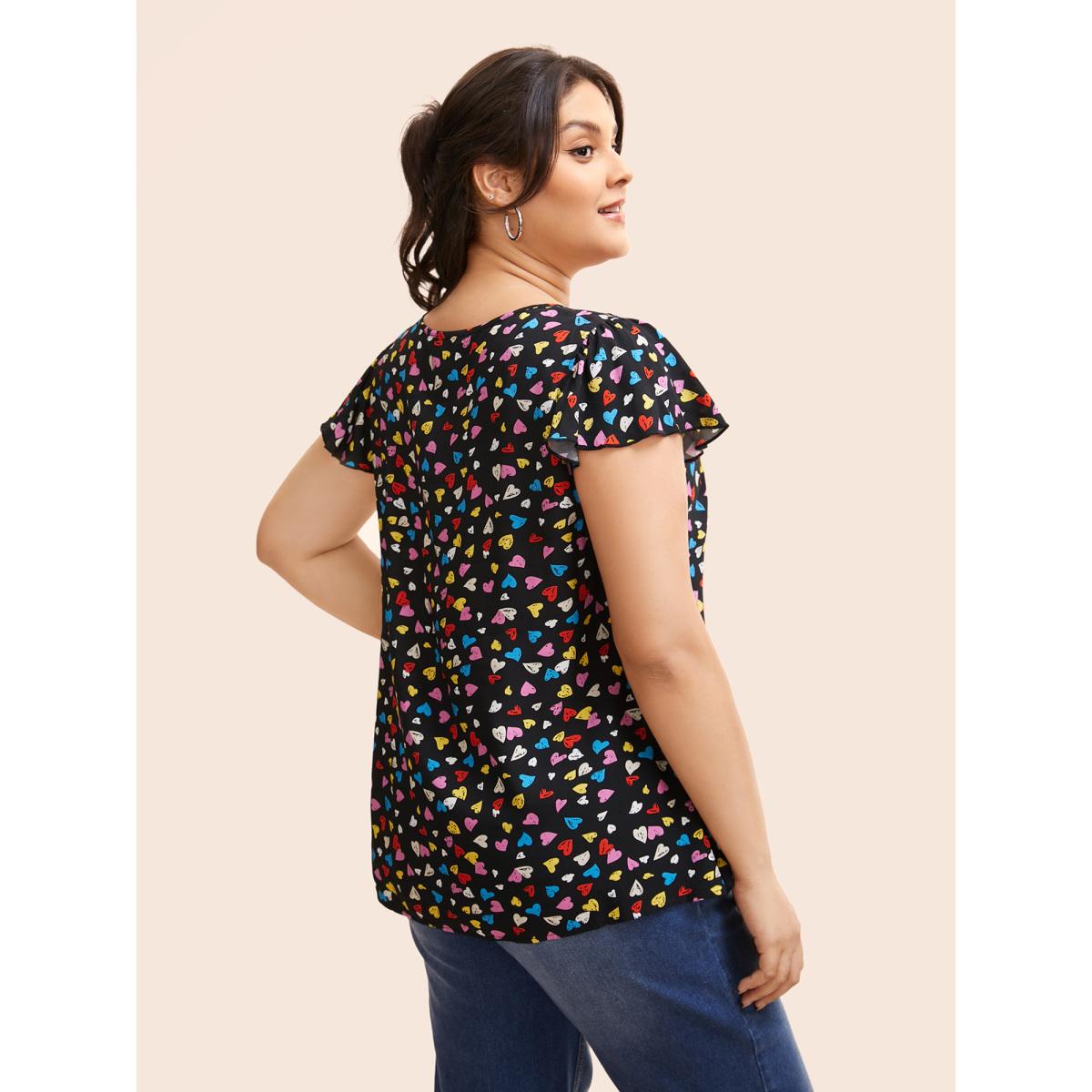 Plus Size Black Heart Pattern Ruffle Sleeves Blouse Women Casual Cap Sleeve Round Neck Everyday Blouses BloomChic 14-16/1X Product Image