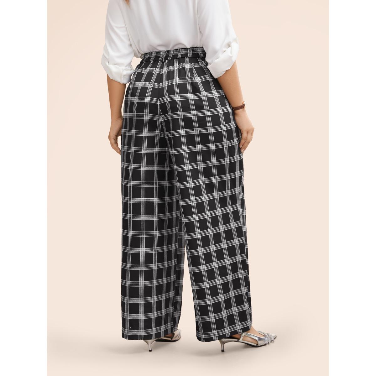 Plus Size Plaid Mid Rise Wide Leg Pants Women Black At the Office Wide Leg Mid Rise Work Pants BloomChic 26/4X Product Image
