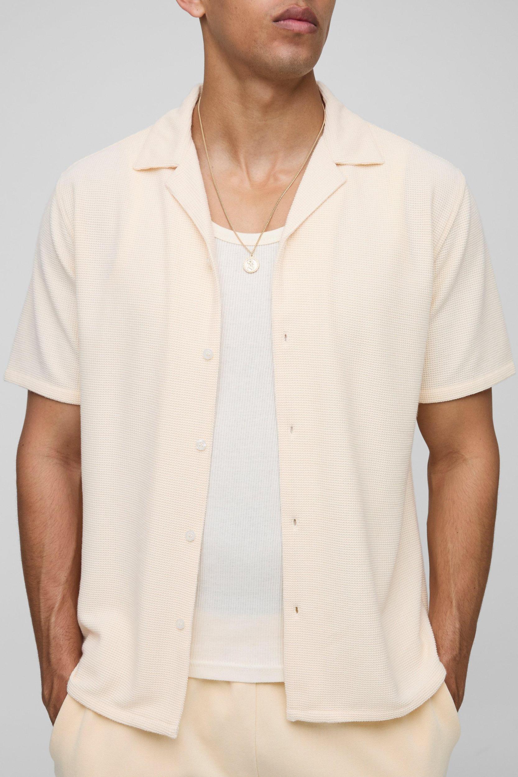 Regular Fit Honeycomb Waffle Revere Shirt | boohooMAN USA Product Image