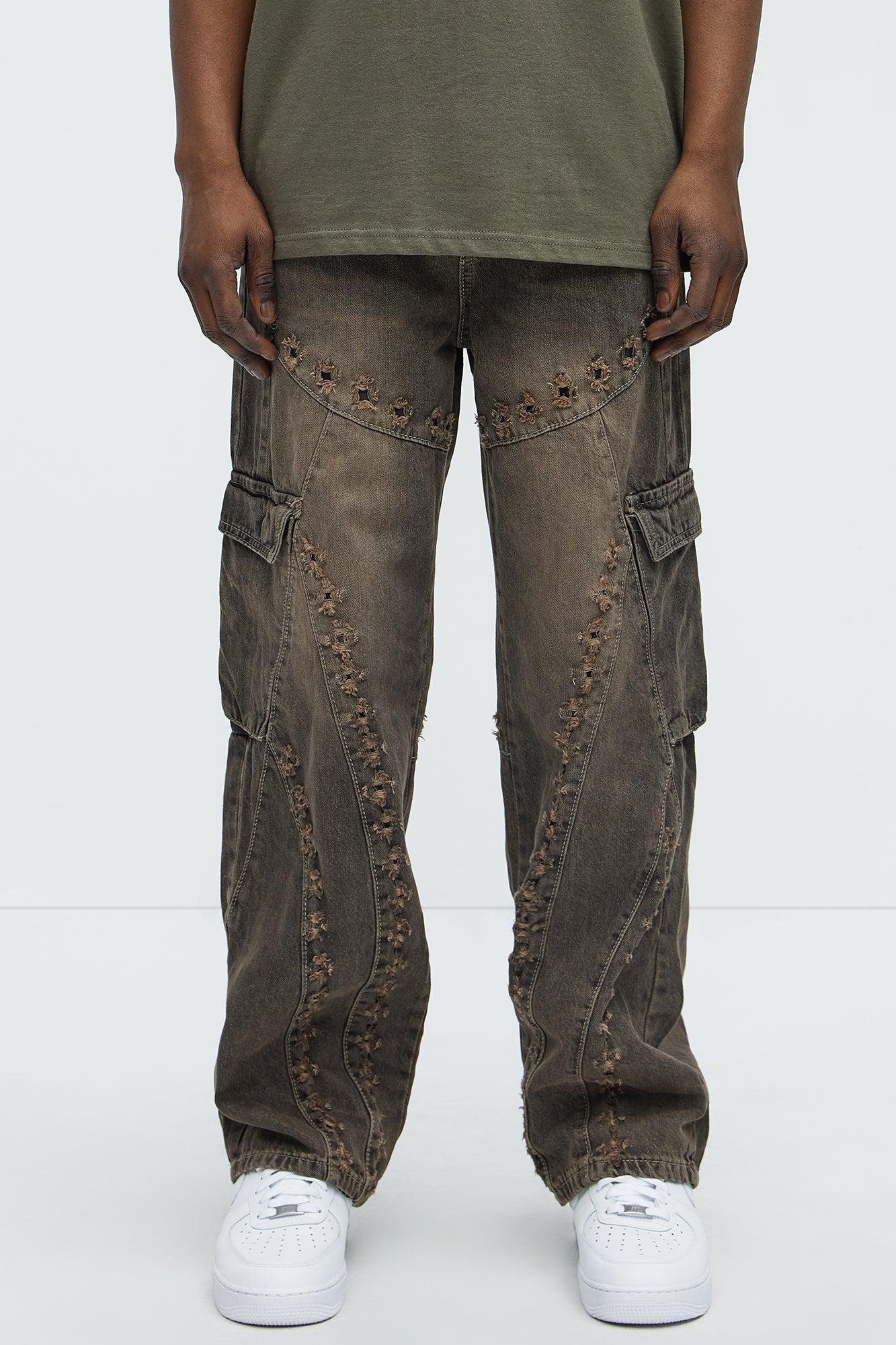 Baggy Distressed Eyelets Cargo Jeans - Brown Product Image
