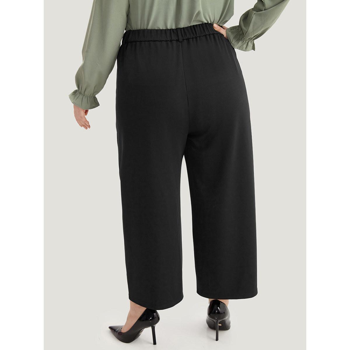 Plus Size Plain Split Front Pleated Pants Women Black At the Office Straight Leg High Rise Office Pants BloomChic 22-24/3X Product Image