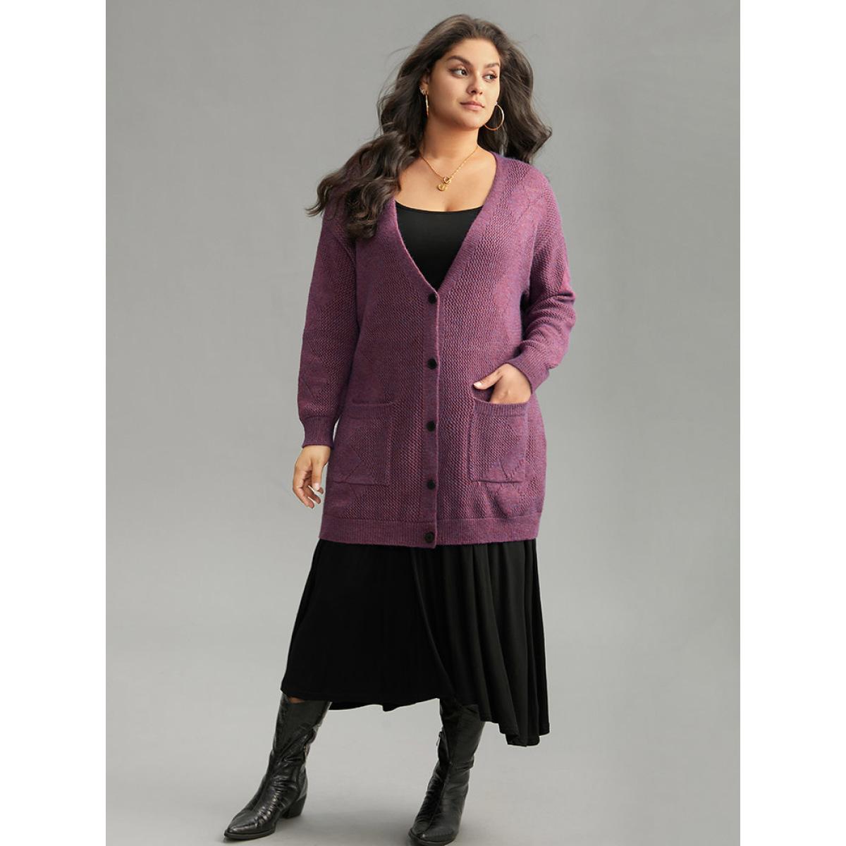 Plus Size Geometric Heather Pocket Button Up Cardigan Purple Women Casual Loose Long Sleeve Dailywear Cardigans BloomChic 10/M Product Image