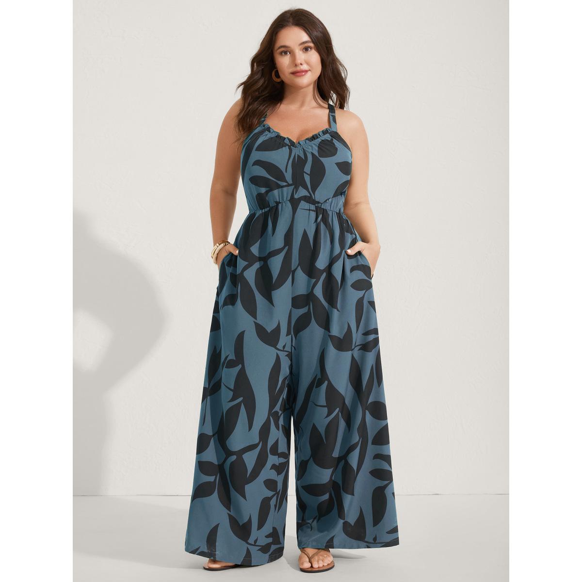 Plus Size Stone Silhouette Floral Print Sweetheart Jumpsuit Women Resort Sleeveless V-neck Vacation Loose Jumpsuits BloomChic 26/4X Product Image