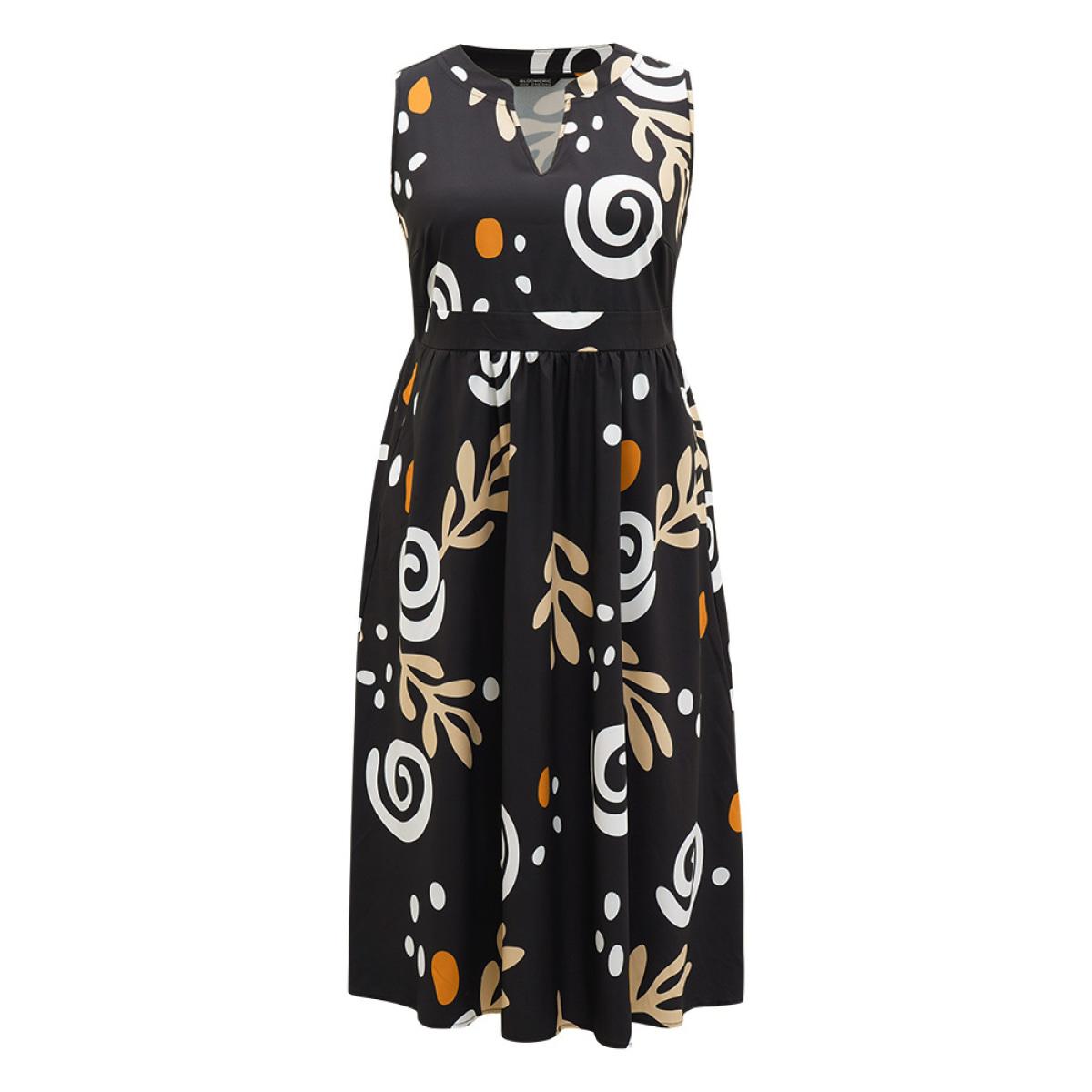Plus Size Graphic Print Notched Pocket Tank Dress Black Women Vacation Printed Notched collar Sleeveless Curvy Midi Dress BloomChic 30/6X Product Image