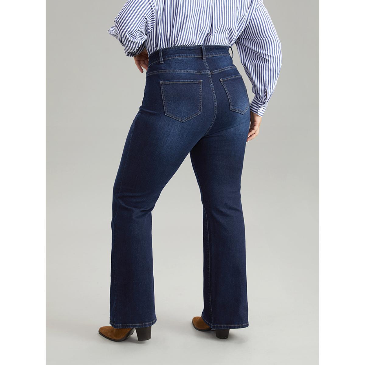 Plus Size Flare Leg Button Detail High Rise Jeans Women DarkBlue Casual Plain Non High stretch Slanted pocket Jeans BloomChic 22/3X Product Image