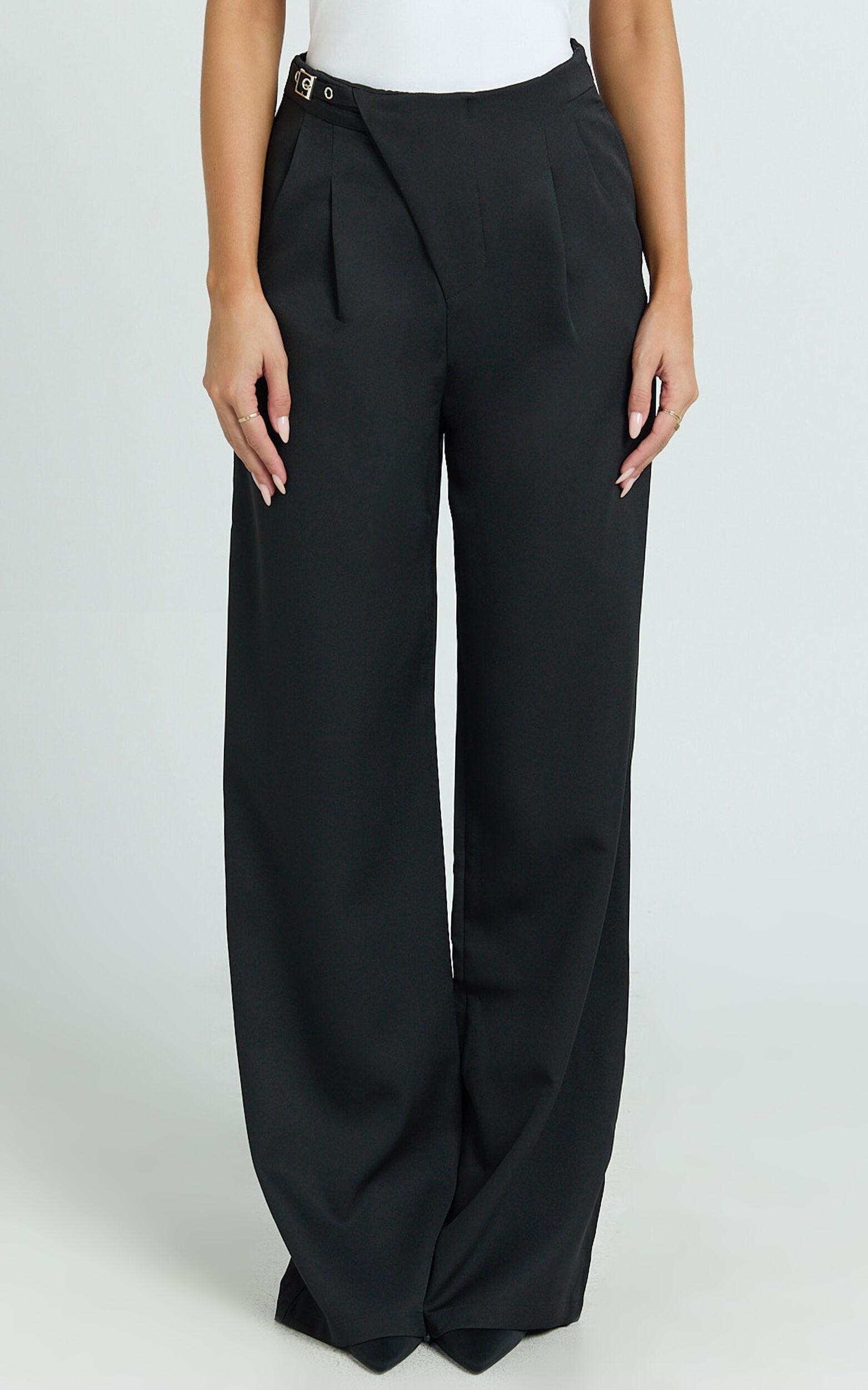 Luciana Pants - High Waist Crossover Belted Straight Leg Tailored Pants in Black Product Image
