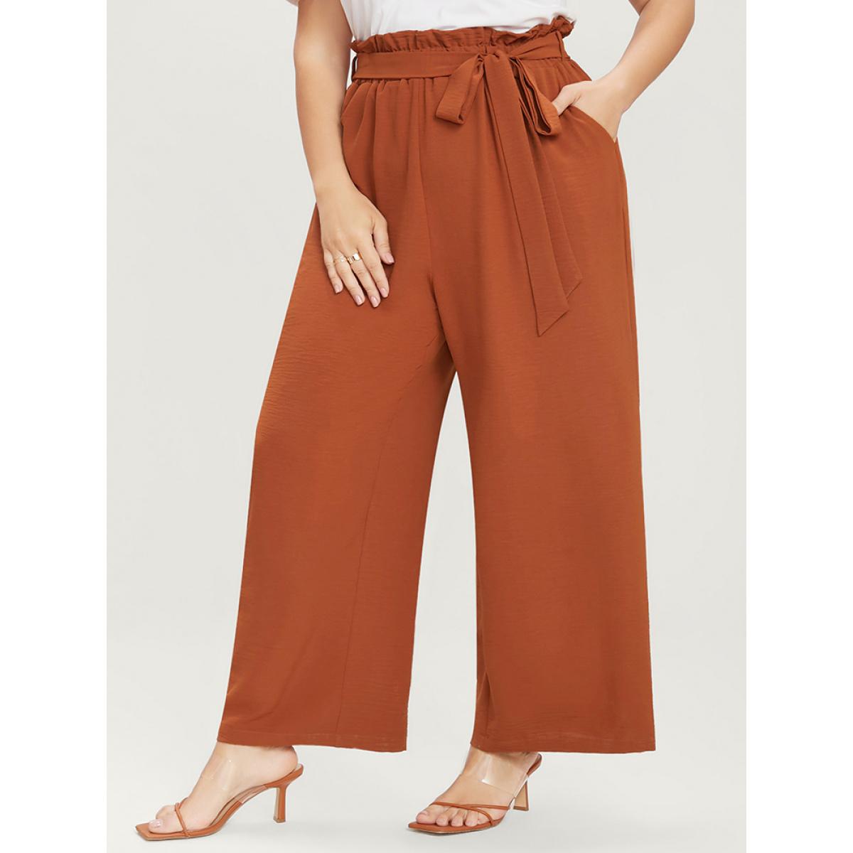Plus Size Plain Paperbag Waist Wide Leg Belted Pocket Pants Women Rust Casual Mid Rise Dailywear Pants BloomChic 28/5X Product Image