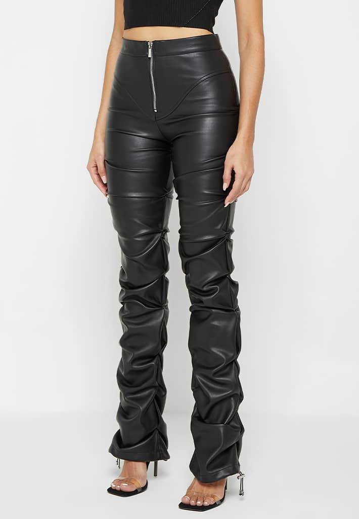 Tacked Leather Flared Trousers - Black Female Product Image