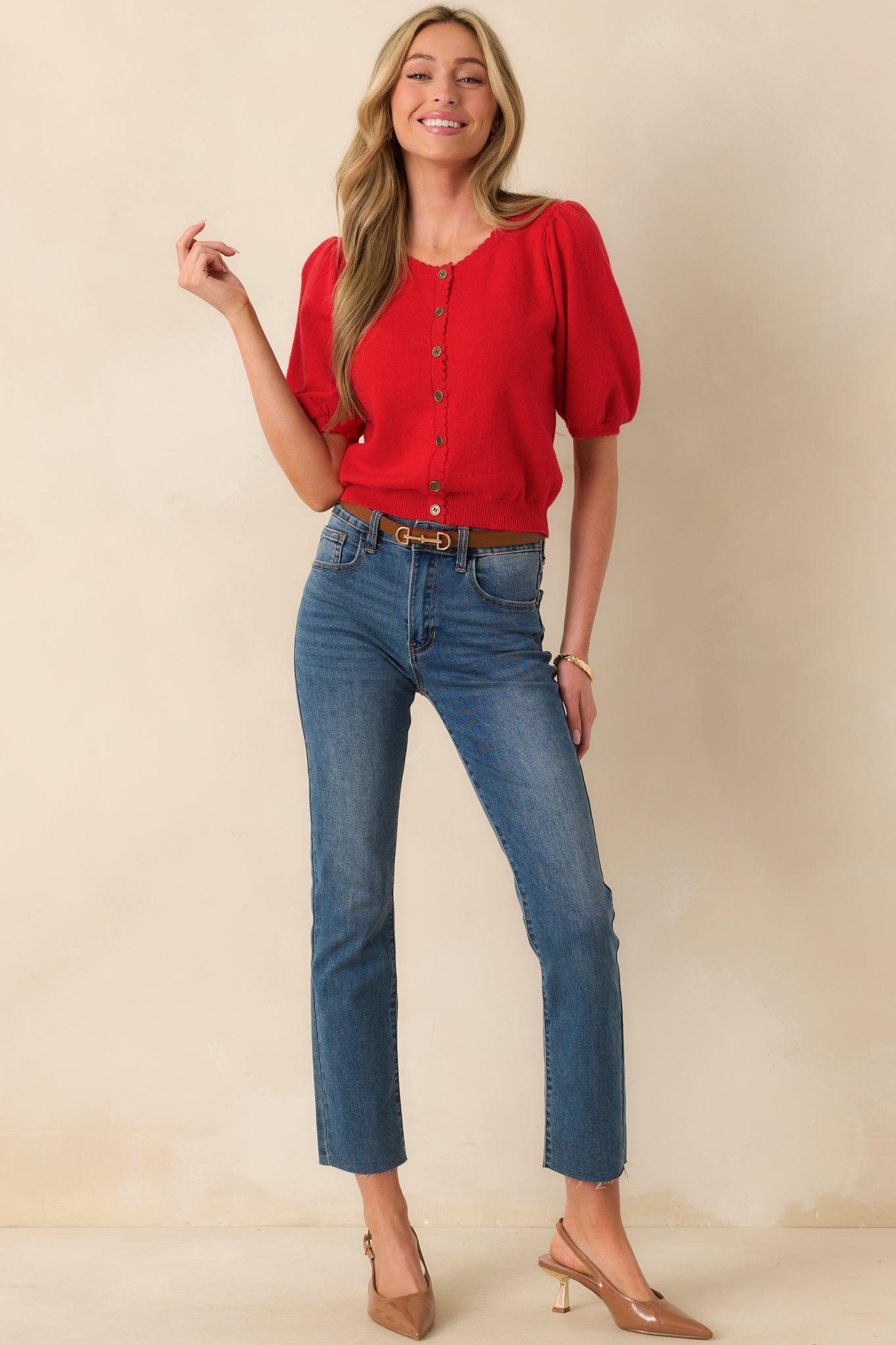 It's Always Right Red Short Sleeve Button Front Cardigan Product Image