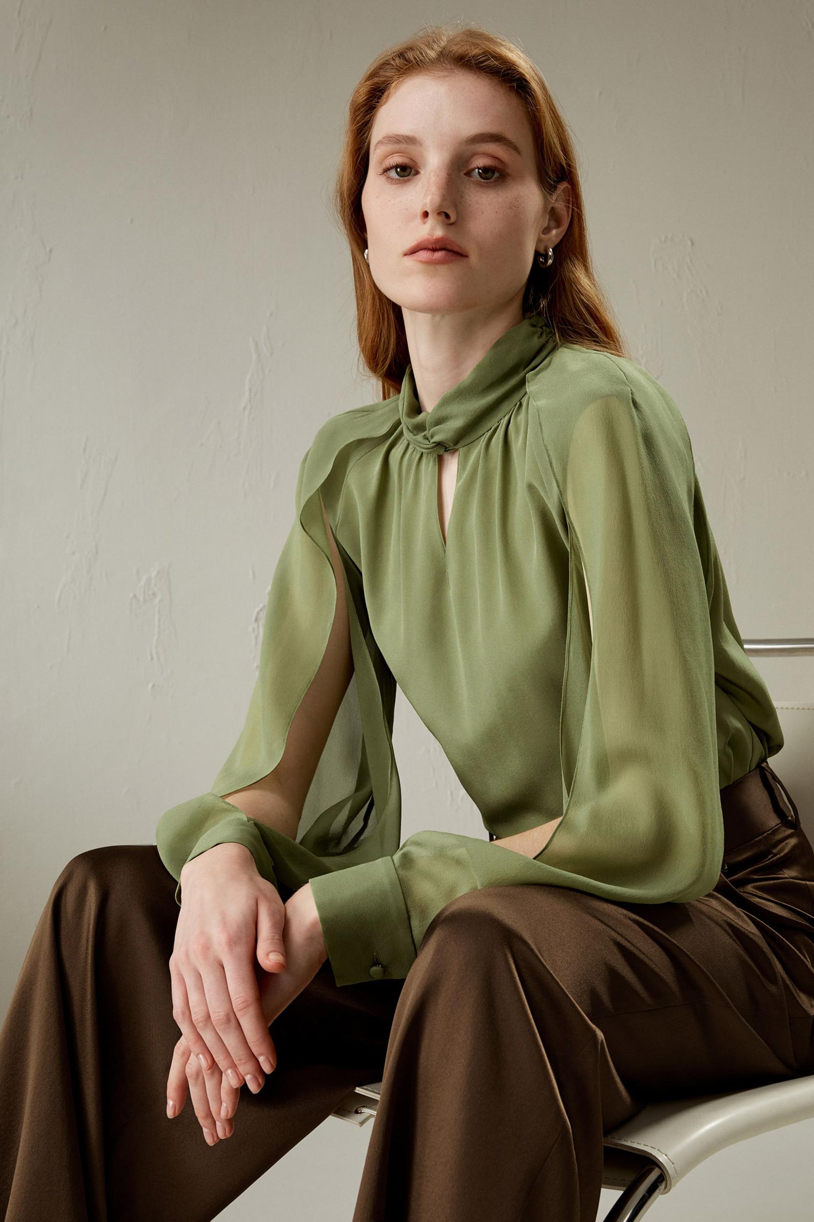 LILYSILK Women's Silk Crepe Side Slit Lantern Sleeve Blouse Top Pistachio XXS Product Image