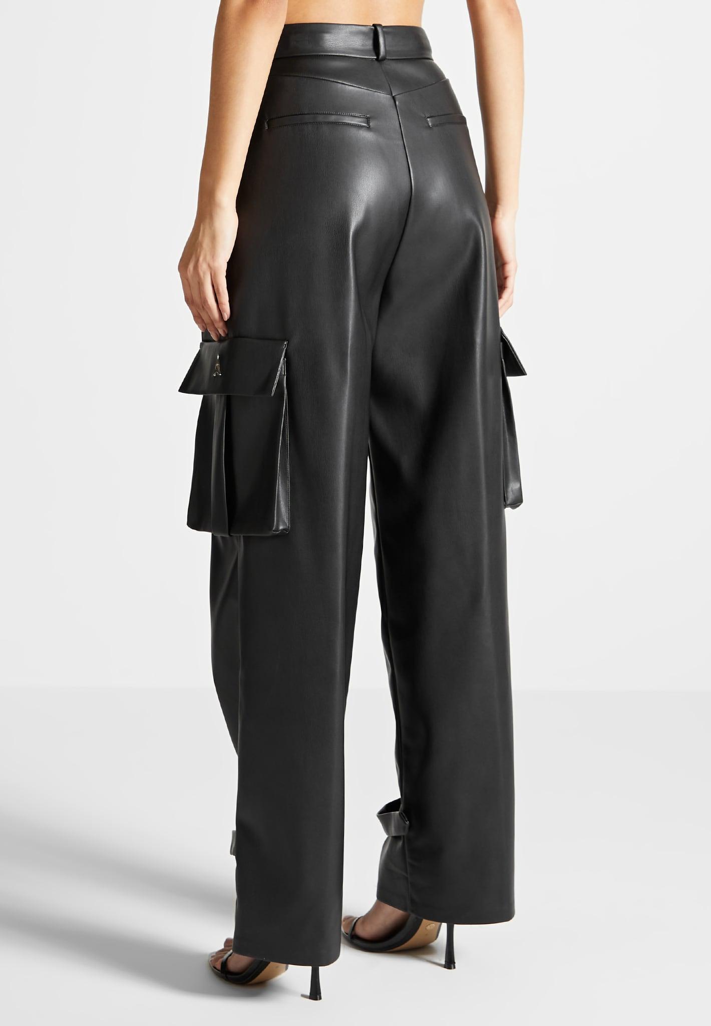Danielle - Leather Pleated Cargo Trousers - Black Female Product Image