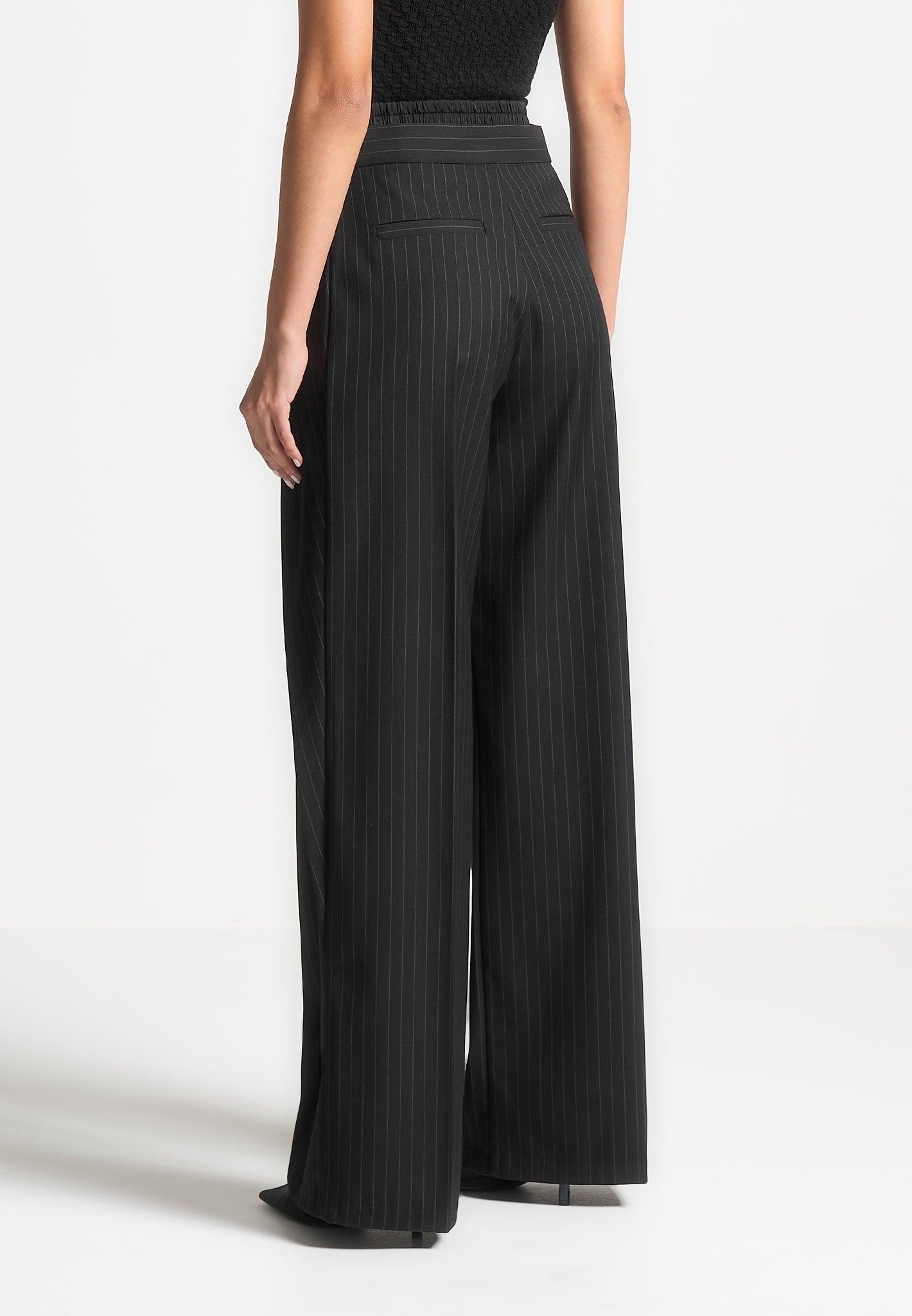 Sofia - Satin Waistband Pinstripe Trousers - Black Female Product Image
