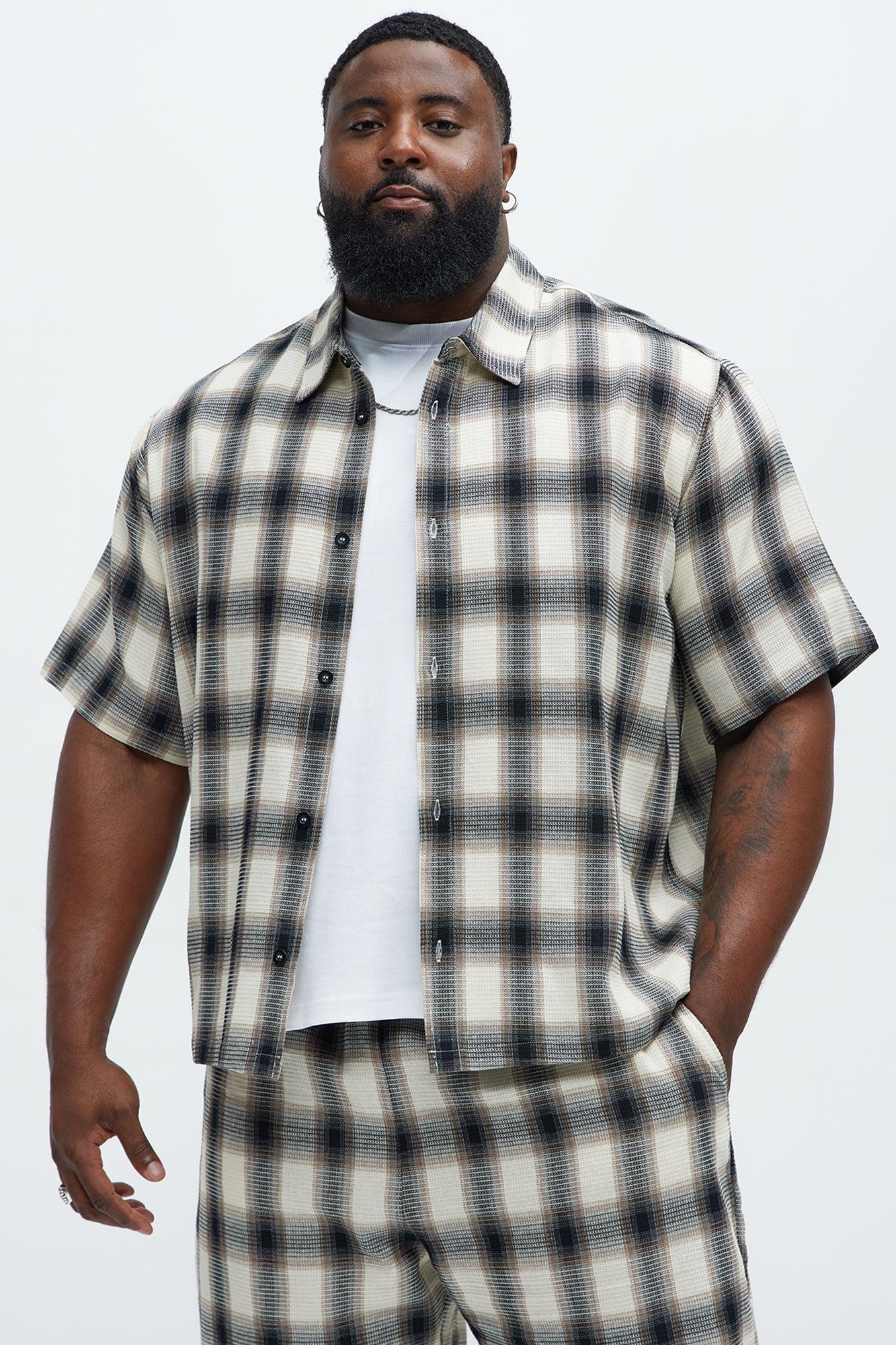 Plaid Waffle Texture Button Up Shirt - Black/combo Product Image