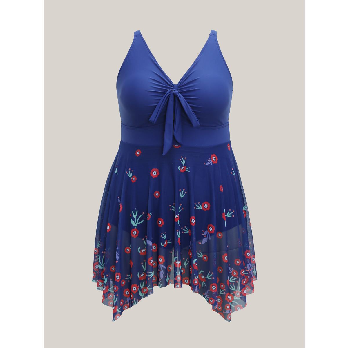 Plus Size Floral Print Mesh Adjustable Bust-Tie Swim Dress Women's Swimwear Indigo Beach Bodycon V-neck High stretch Curve Swim Dresses BloomChic 10/M Product Image