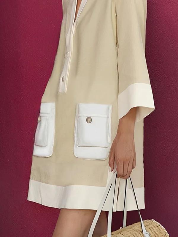 A-Line Loose Buttoned Contrast Color Pockets Stand Collar Mini Dresses Product Image