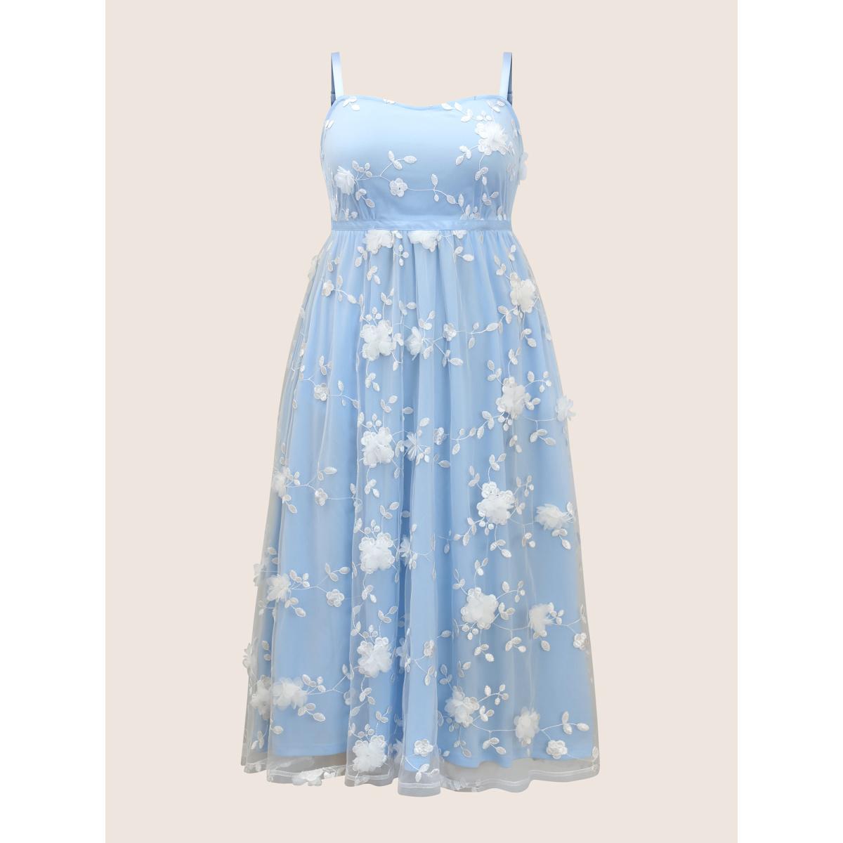 Plus Size Mesh Floral Embroidered Woven Ribbon Cami Dress LightBlue Women Formal Woven ribbon&lace trim Square Neck Sleeveless Curvy BloomChic 12/L Product Image