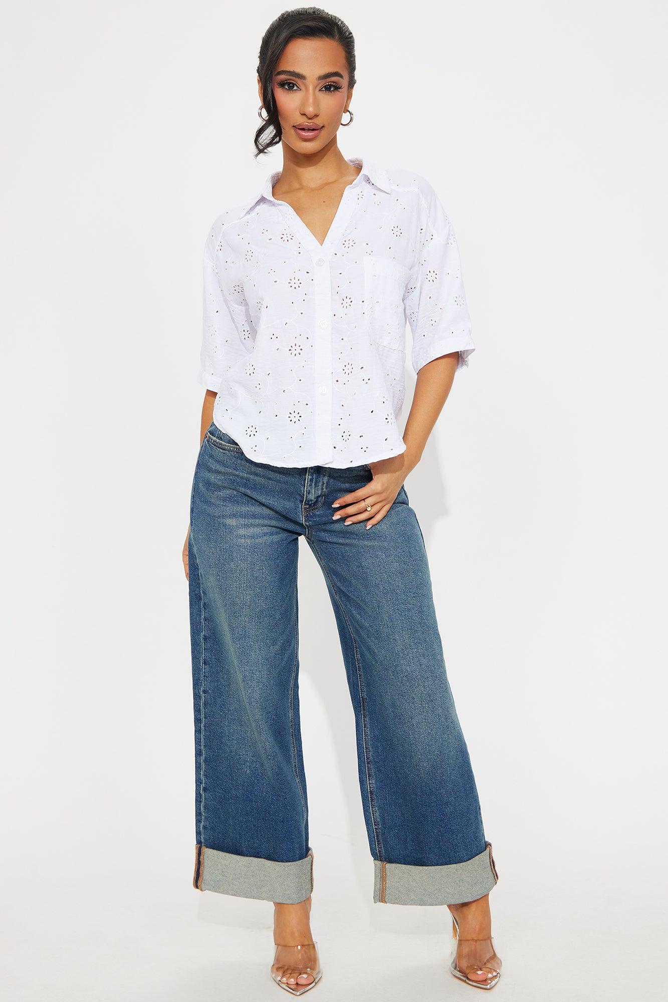 Life Is Breezy Short Sleeve Eyelet Shirt - White Product Image