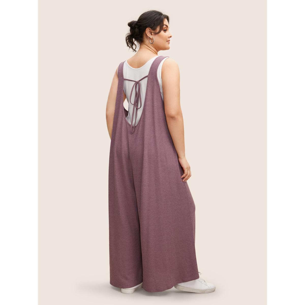 Plus Size Mauve Waffle Knit Tie Knot Wide Leg Jumpsuit Women Casual Sleeveless Heart neckline Everyday Loose Jumpsuits BloomChic 28/5X Product Image