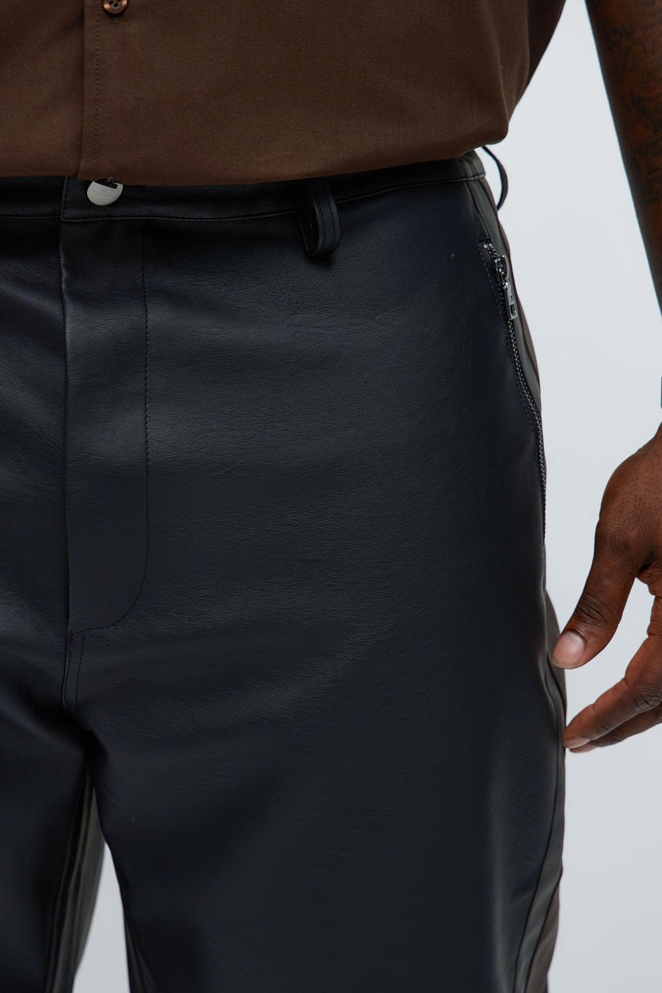 Relaxed Straight Two Way Panel Faux Leather Pants - Black/combo Male Product Image