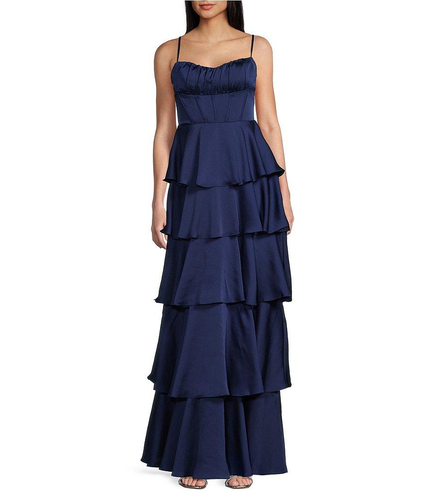 B. Darlin Satin Spaghetti Strap Emma Ruffle Skirt Dress Product Image