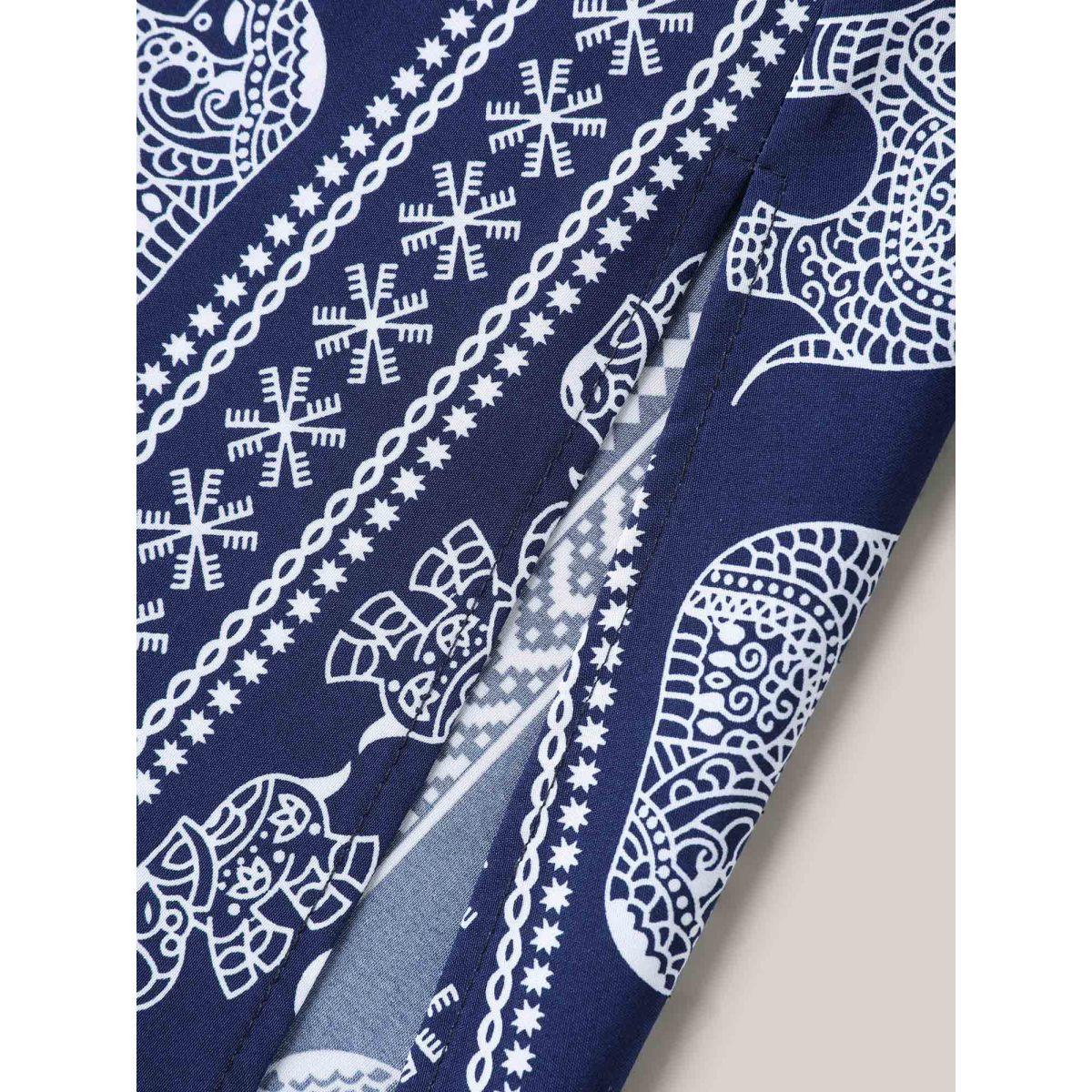 Plus Size Resort Ready Print Shirred Waist Maxi Dress DarkBlue Women Overlap Collar Half Sleeve Curvy BloomChic 22-24/3X Product Image