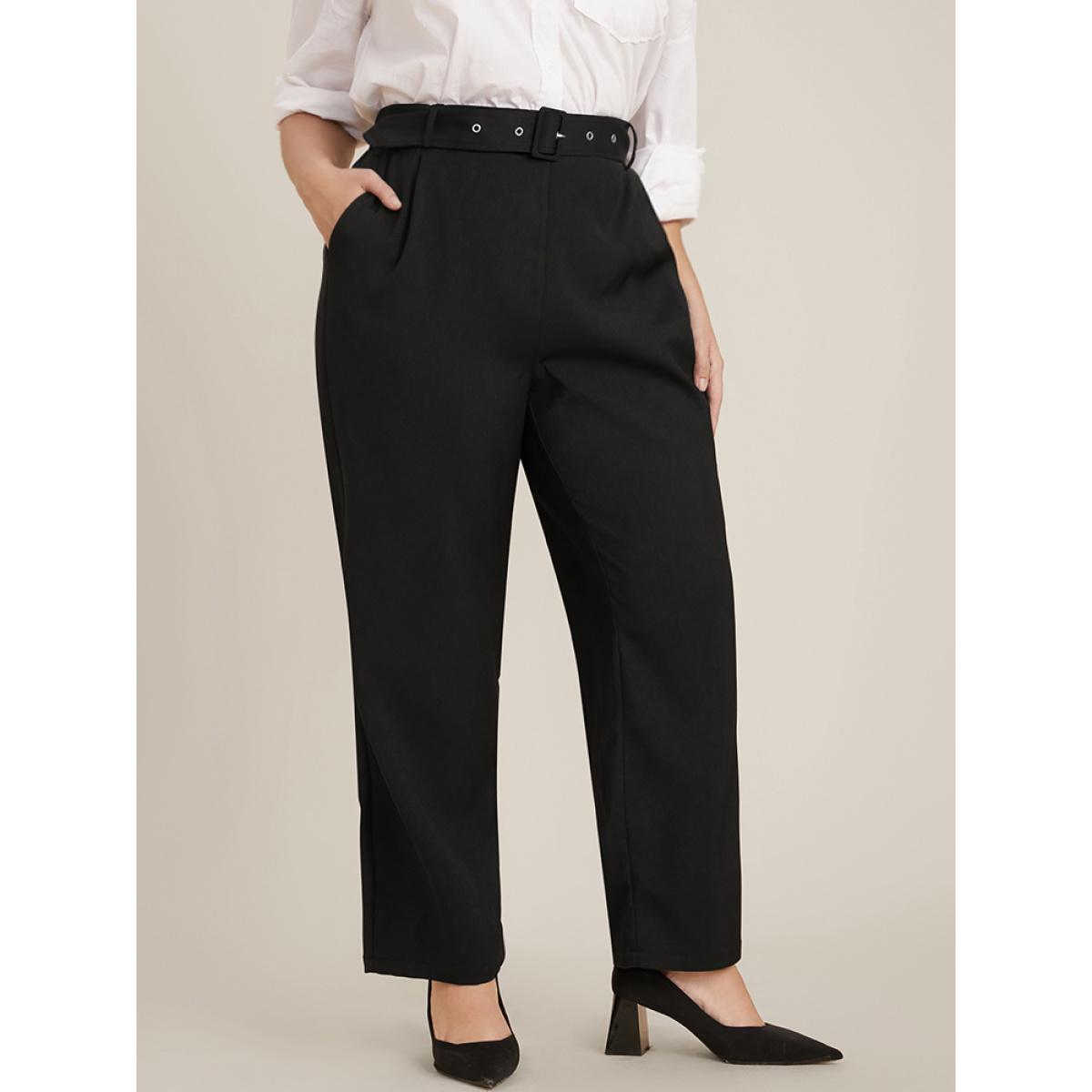 Plus Size Solid Mid Rise Pocket Belted Pants Women Black Office Mid Rise Office Pants BloomChic 10/M Product Image