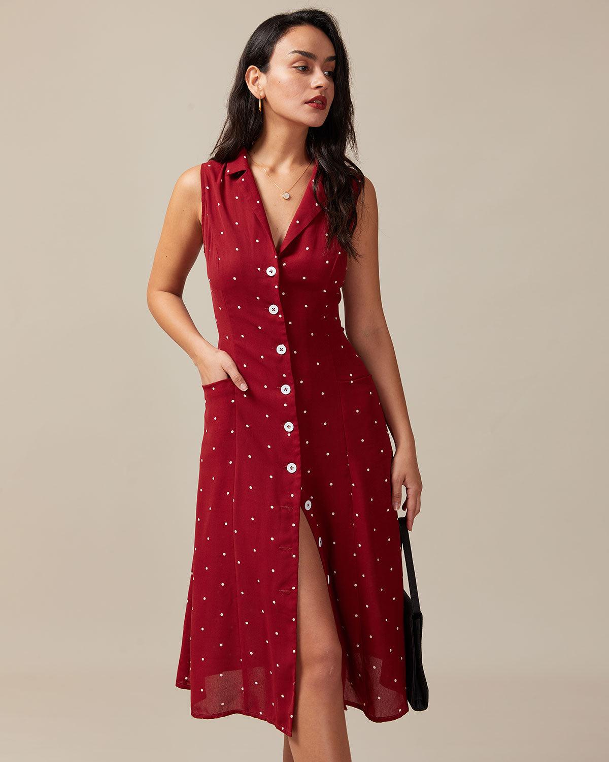 The Red V Neck Polka Dot Tie Back Midi Dress Product Image