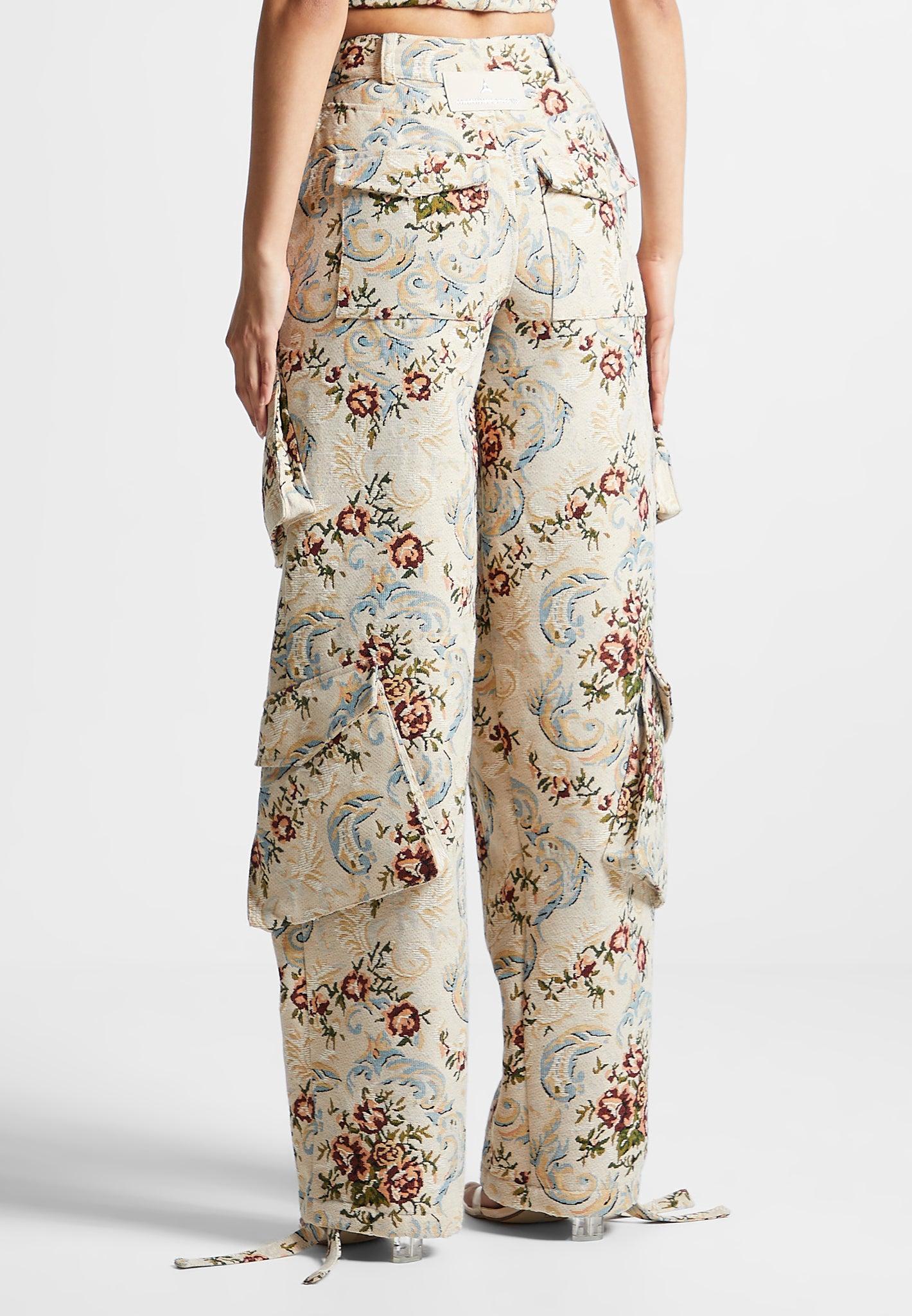 Anne - Floral Jacquard High Waisted Cargo Pants - Beige Female Product Image