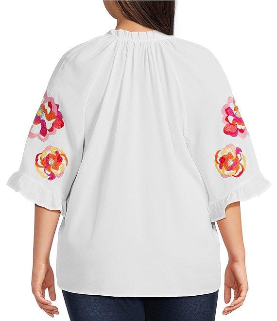 Calessa Plus Size Embroidered Ruffle Split V-Neck Elbow Sleeve Tunic Product Image