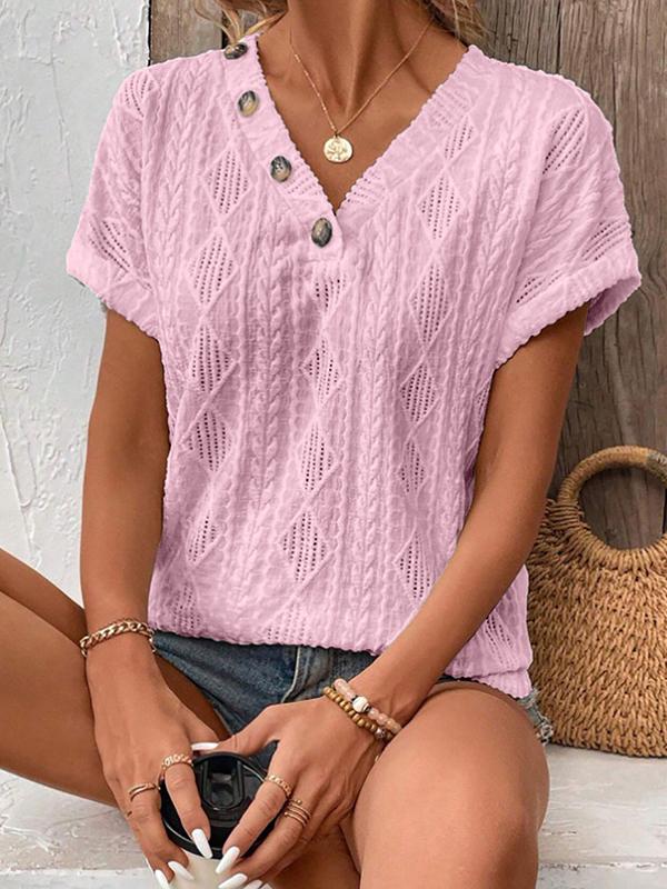 Loose Short Sleeves Buttoned Solid Color V-Neck T-Shirts Tops Product Image