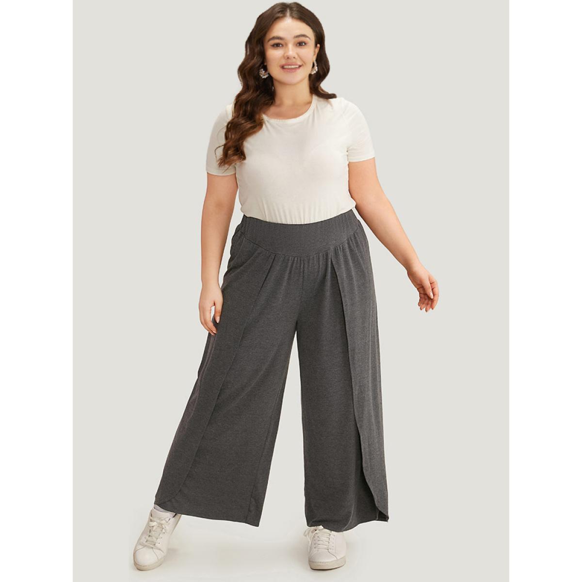 Plus Size Wideband Waist Tiered Wide Leg Pants Women DimGray Casual Wide Leg High Rise Dailywear Pants BloomChic 28/5X Product Image