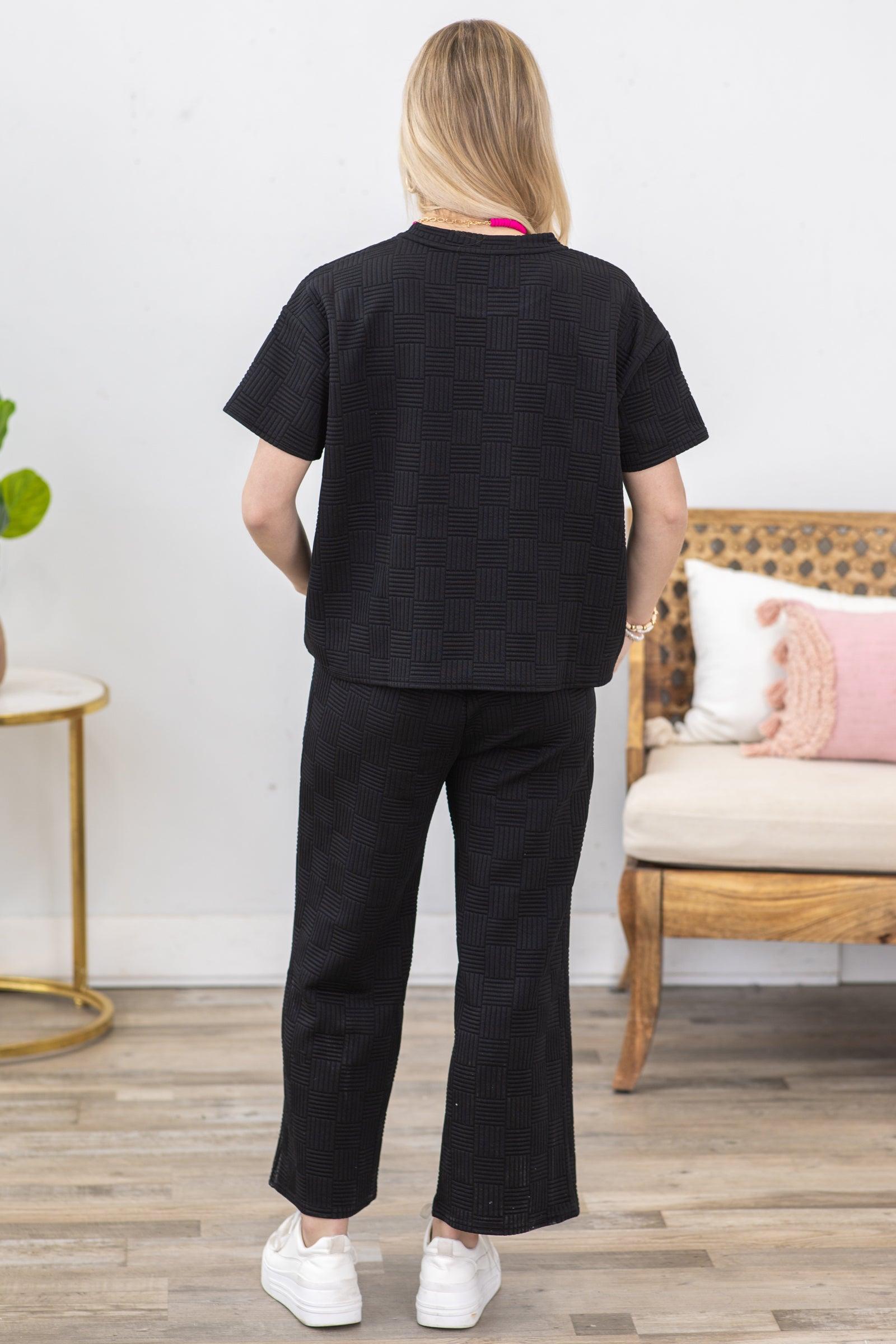 Black Patchwork Textured Wide Leg Pant Set Product Image