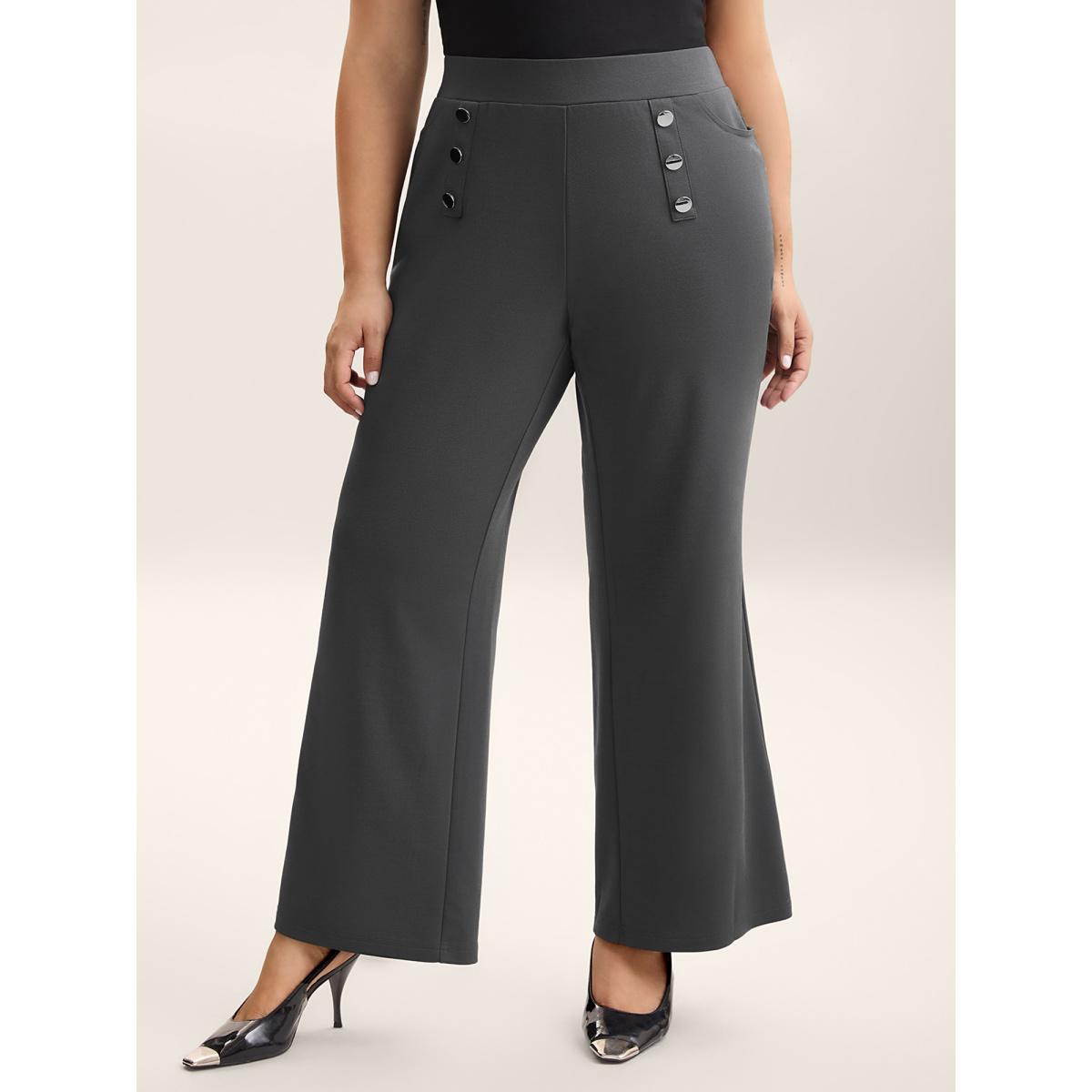 Plus Size Button No-Waist Gap Pull On Pants Women DimGray At the Office Bootcut Mid Rise Work Pants BloomChic 14-16/1X Product Image