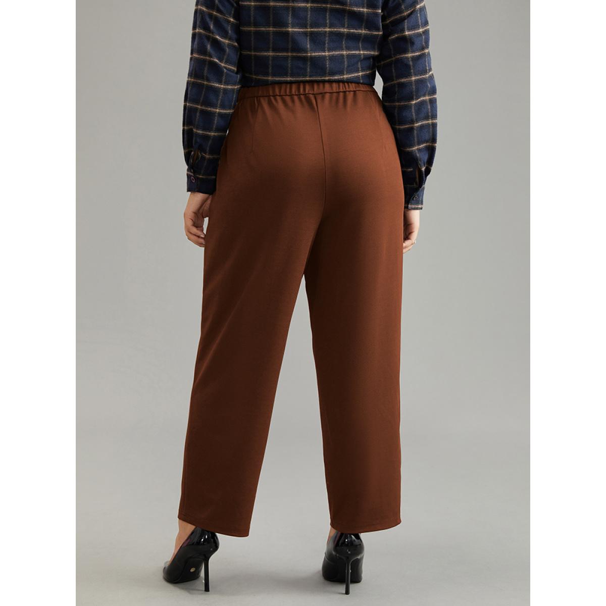 Plus Size Plain Elastic Waist Pocket Mid Rise Pants Women DarkBrown Office Mid Rise Office Pants BloomChic 14-16/1X Product Image