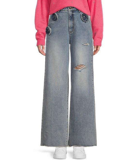 C&V Chelsea & Violet Distressed Rosette Wide Leg Denim Jeans Product Image